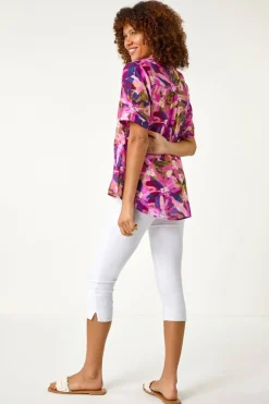 Roman Purple Floral Print V Neck Top
