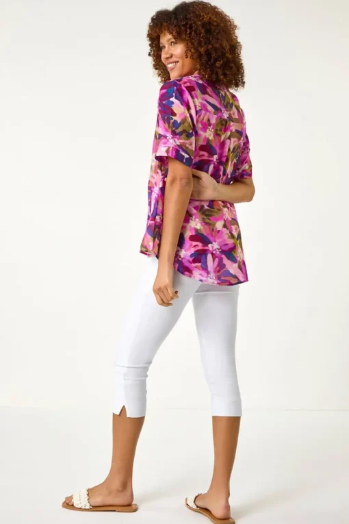 Roman Purple Floral Print V Neck Top