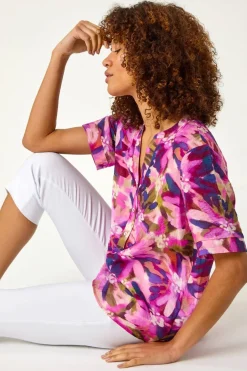 Roman Purple Floral Print V Neck Top