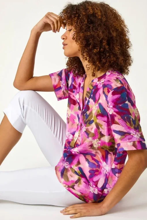 Roman Purple Floral Print V Neck Top