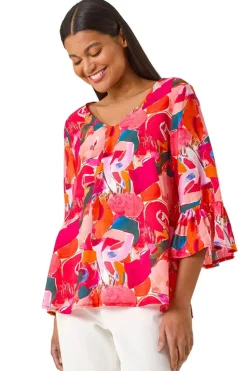 Roman Red Abstract Print Flare Sleeve Top