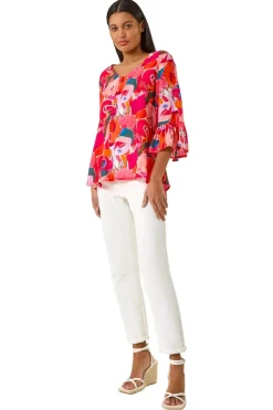 Roman Red Abstract Print Flare Sleeve Top