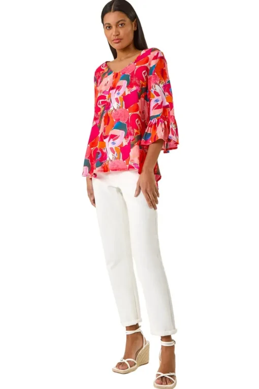 Roman Red Abstract Print Flare Sleeve Top
