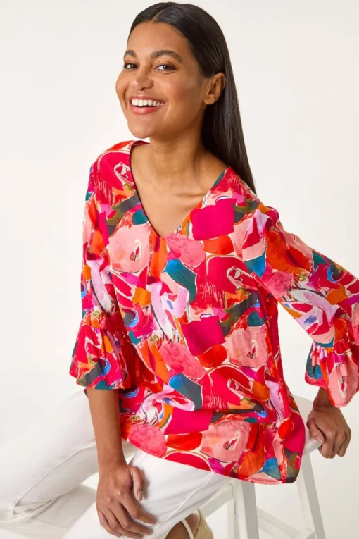 Roman Red Abstract Print Flare Sleeve Top
