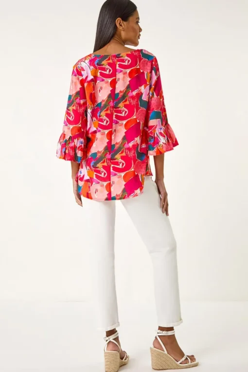 Roman Red Abstract Print Flare Sleeve Top