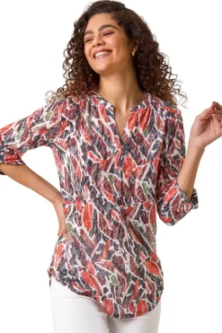 Roman Red Abstract Print Burnout V-Neck Shirt