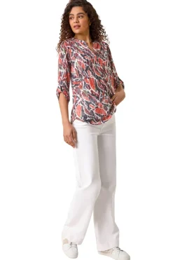 Roman Red Abstract Print Burnout V-Neck Shirt