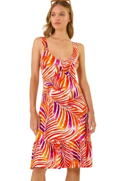 Roman Red Abstract Print V-Neck Frill Dress