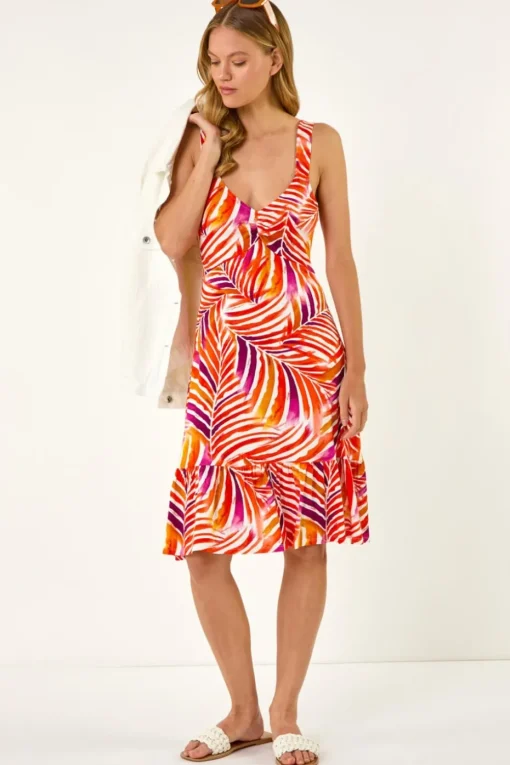 Roman Red Abstract Print V-Neck Frill Dress