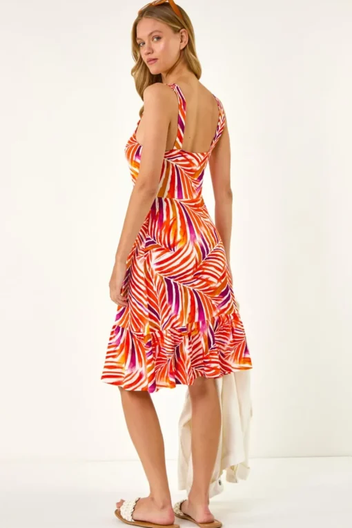 Roman Red Abstract Print V-Neck Frill Dress
