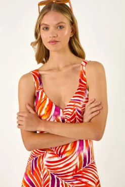 Roman Red Abstract Print V-Neck Frill Dress