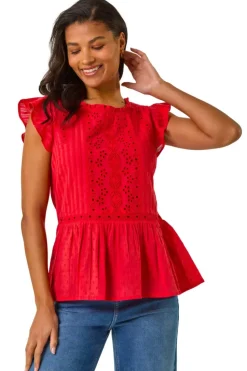Roman Red Broderie Anglaise Frill Sleeve Top