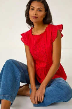 Roman Red Broderie Anglaise Frill Sleeve Top