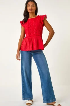 Roman Red Broderie Anglaise Frill Sleeve Top