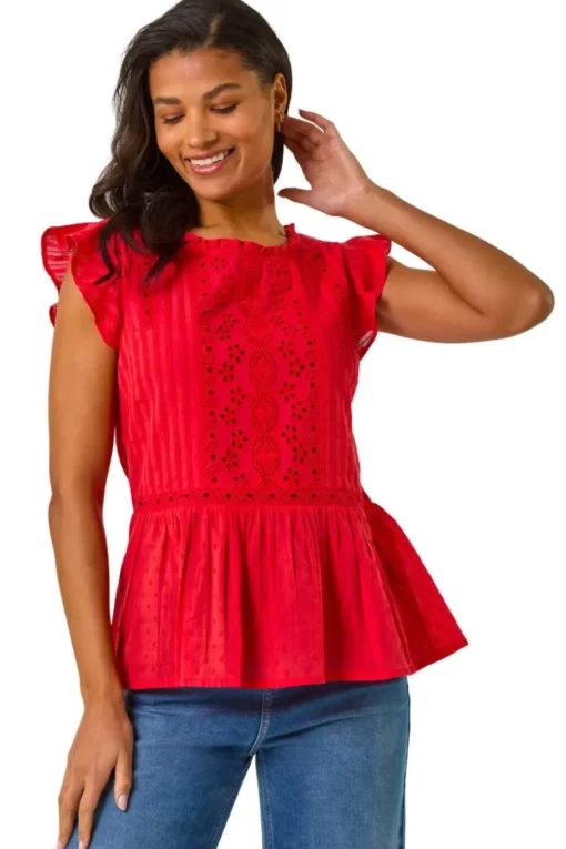 Roman Red Broderie Anglaise Frill Sleeve Top
