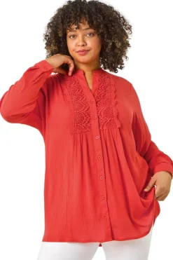 Roman Red Curve Lace Trim Pintuck Blouse