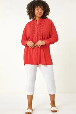 Roman Red Curve Lace Trim Pintuck Blouse