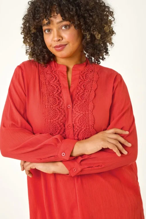Roman Red Curve Lace Trim Pintuck Blouse