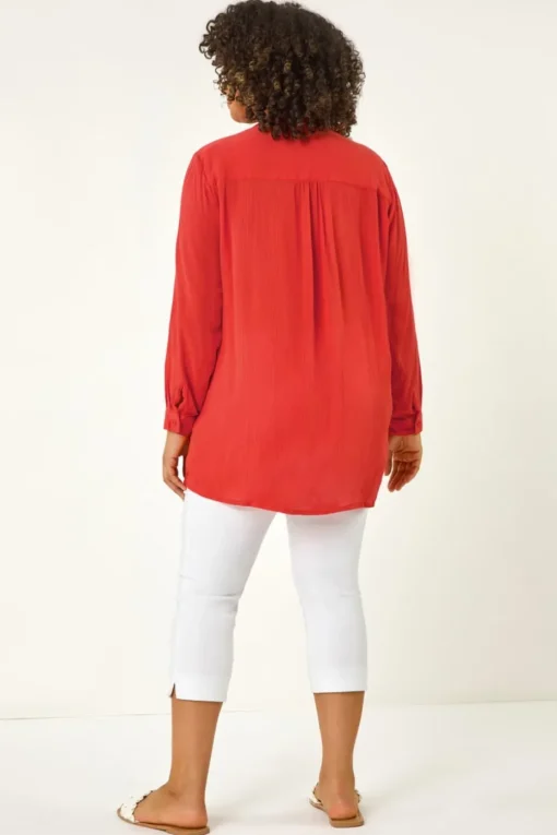 Roman Red Curve Lace Trim Pintuck Blouse