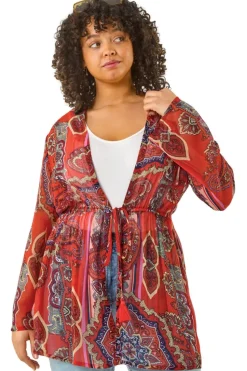 Roman Red Curve Paisley Tie Front Kimono