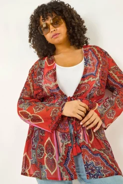 Roman Red Curve Paisley Tie Front Kimono