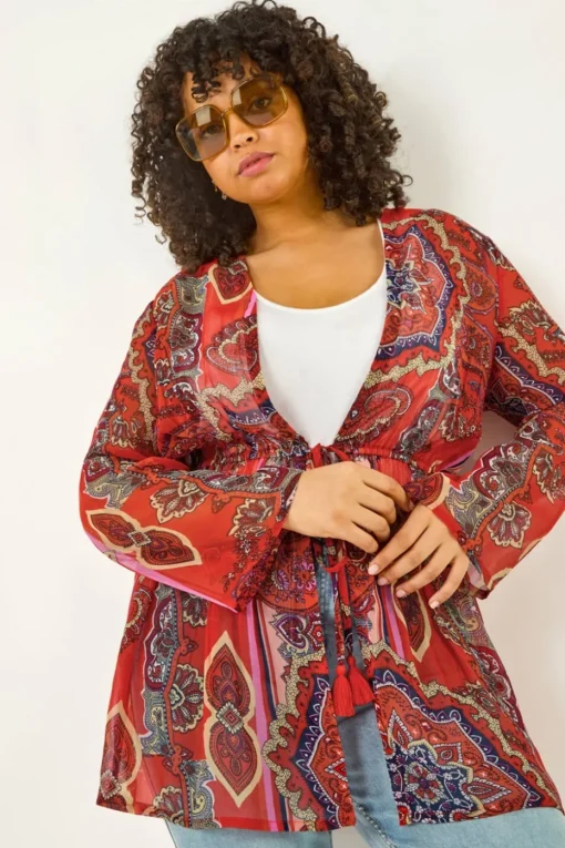 Roman Red Curve Paisley Tie Front Kimono