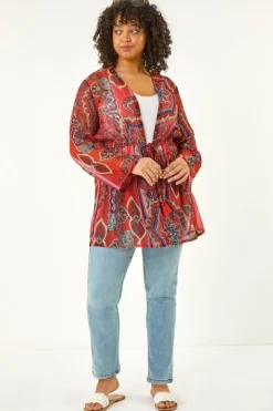 Roman Red Curve Paisley Tie Front Kimono
