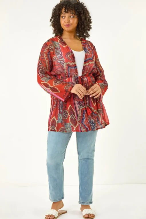 Roman Red Curve Paisley Tie Front Kimono