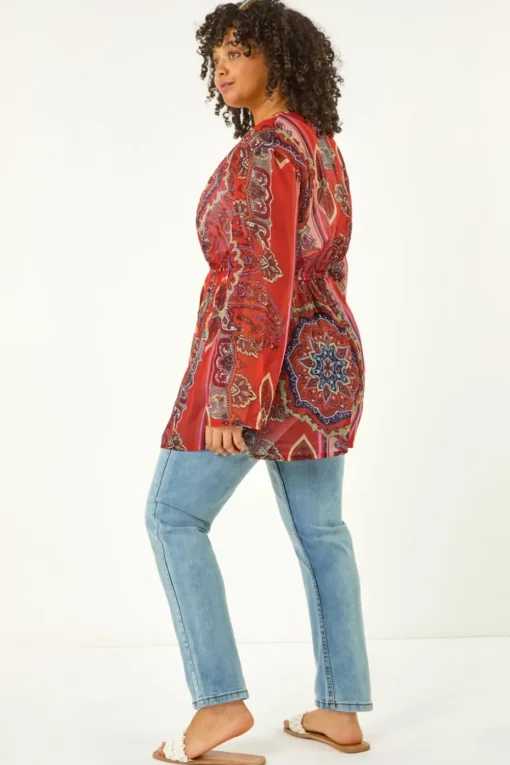 Roman Red Curve Paisley Tie Front Kimono