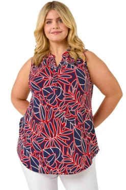 Roman Red Curve Textured Leaf Print Vest Top