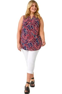 Roman Red Curve Textured Leaf Print Vest Top