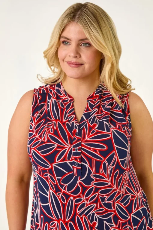 Roman Red Curve Textured Leaf Print Vest Top