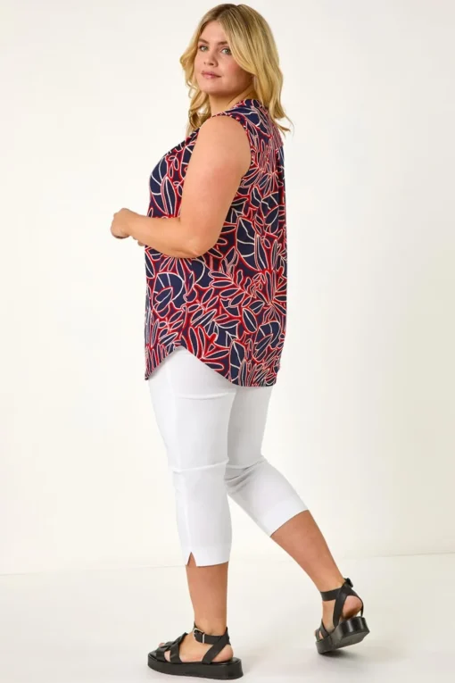 Roman Red Curve Textured Leaf Print Vest Top