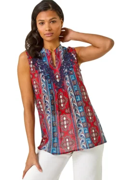 Roman Red Embroidered Abstract Print V Neck Top
