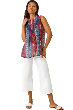 Roman Red Embroidered Abstract Print V Neck Top