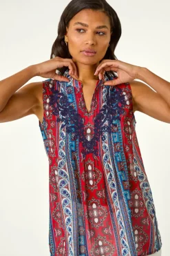 Roman Red Embroidered Abstract Print V Neck Top
