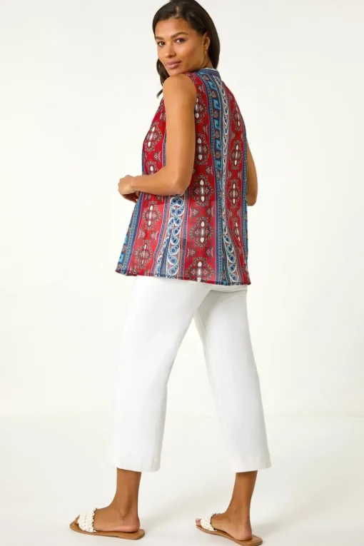 Roman Red Embroidered Abstract Print V Neck Top
