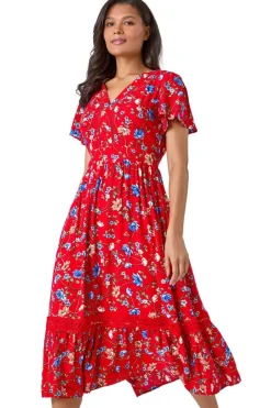 Roman Red Floral Lace Trim Pocket Midi Dress