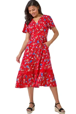 Roman Red Floral Lace Trim Pocket Midi Dress