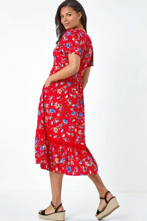 Roman Red Floral Lace Trim Pocket Midi Dress