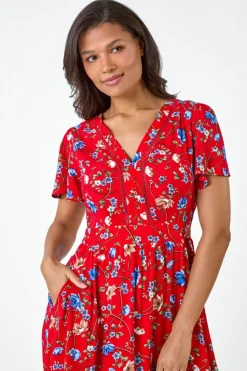Roman Red Floral Lace Trim Pocket Midi Dress