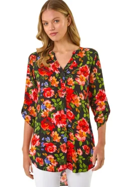 Roman Red Floral Longline Button Top