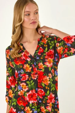 Roman Red Floral Longline Button Top
