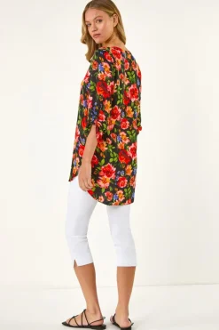 Roman Red Floral Longline Button Top