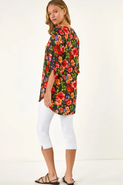Roman Red Floral Longline Button Top