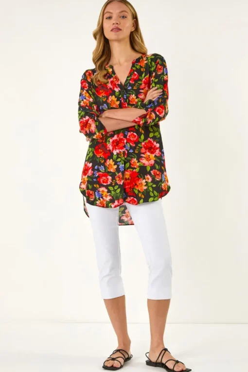 Roman Red Floral Longline Button Top