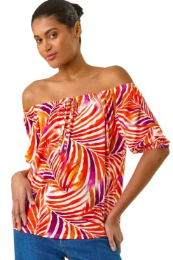 Roman Red Floral Print Bardot Stretch Top