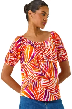 Roman Red Floral Print Bardot Stretch Top