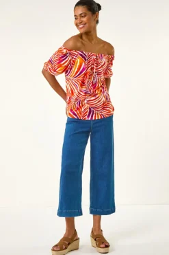 Roman Red Floral Print Bardot Stretch Top