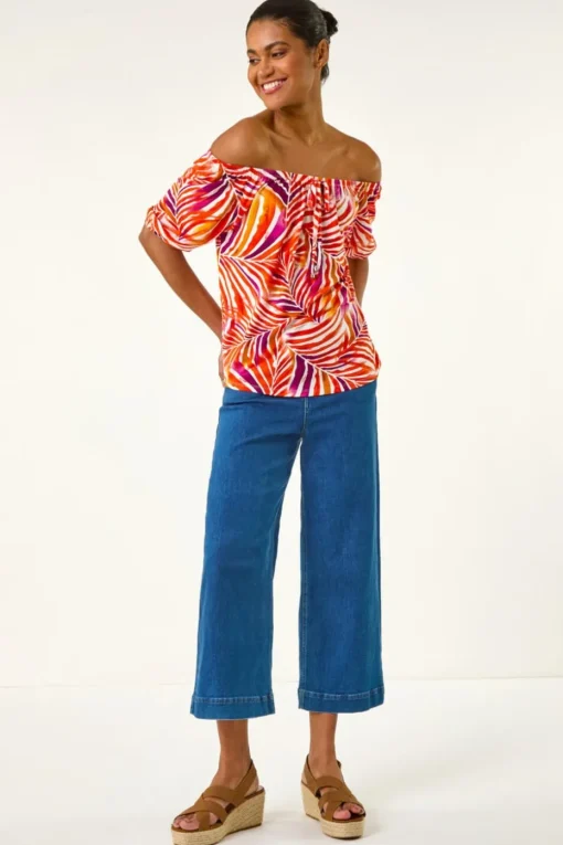 Roman Red Floral Print Bardot Stretch Top